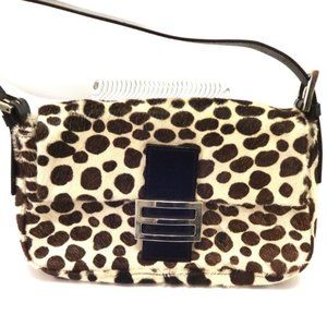 BROWN & WHITE ANIMAL HAIR SHOULDER BAG BLACK LEATHER ACCENT W/SILVER CLASP-NEW!!